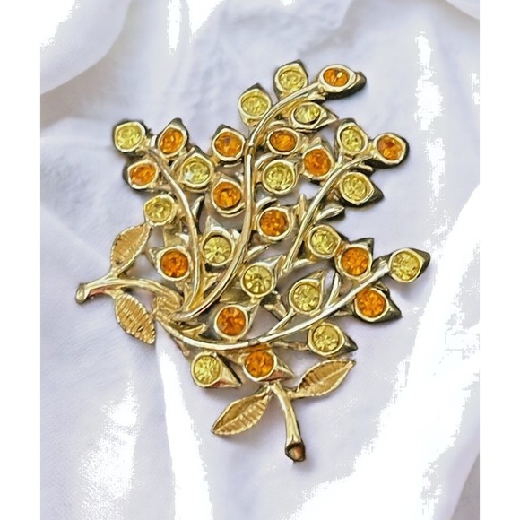 Vintage Estate Signed Coro Flower Brooch Yellow & Amber Rhinestone Mid Century - Picture 8 of 8